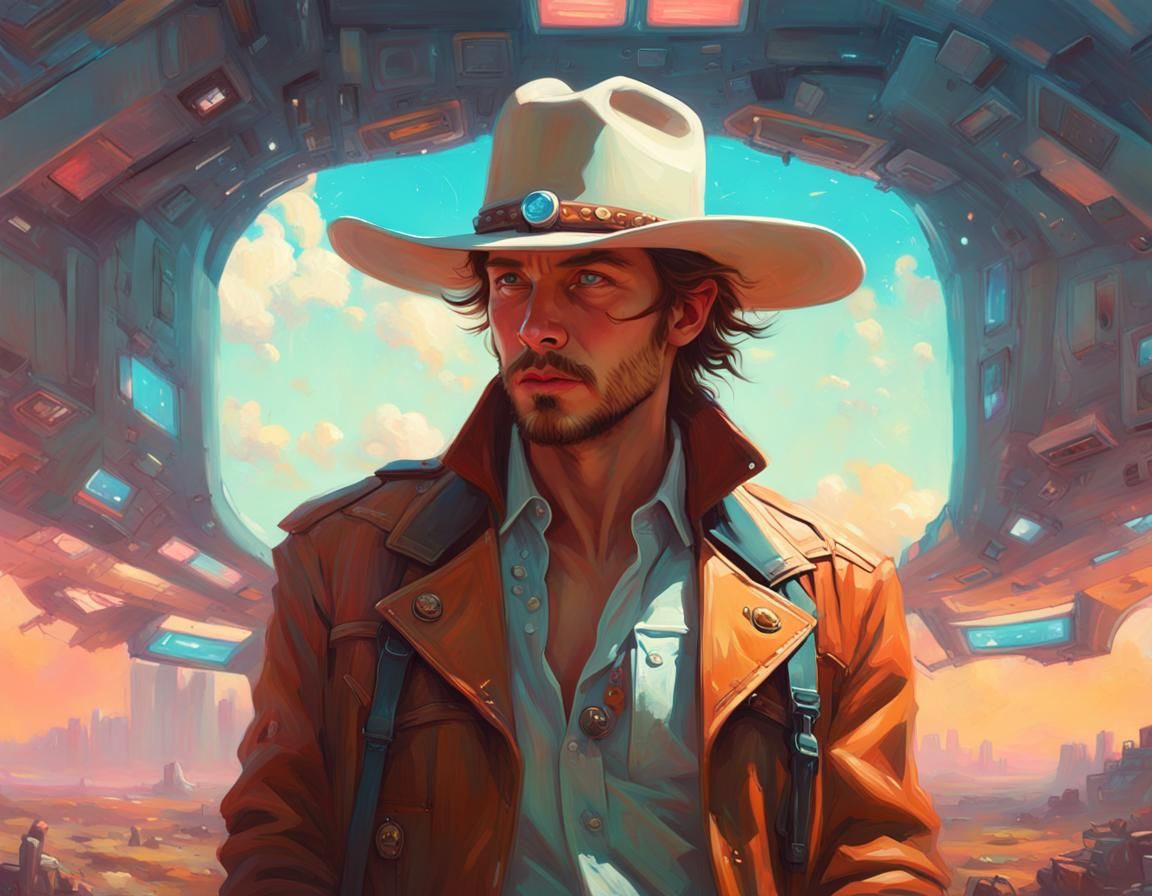 Futuristic Cowboy Oil Painting, Detailed Concept Art