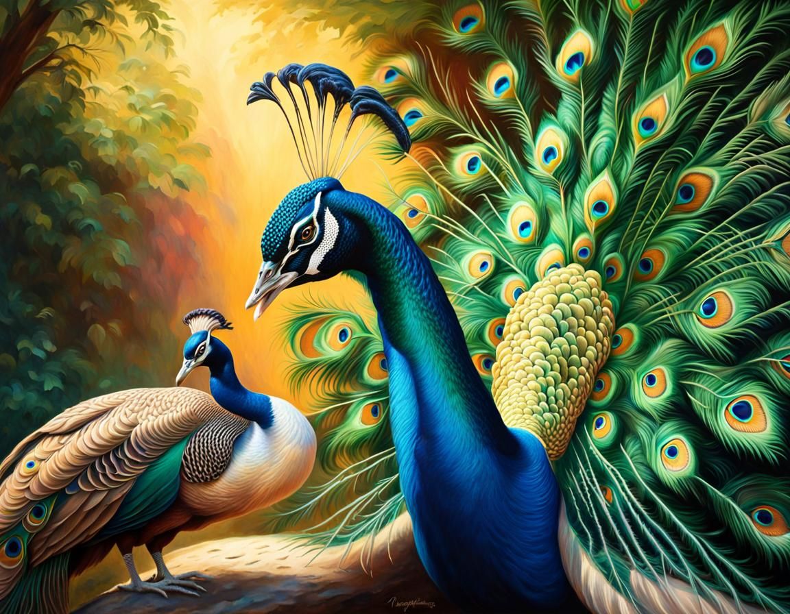 Peacocks Share a Moment in Detailed Oil Painting