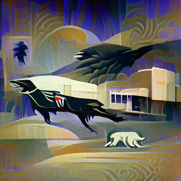 Art Deco Wolf and Raven Illustration
