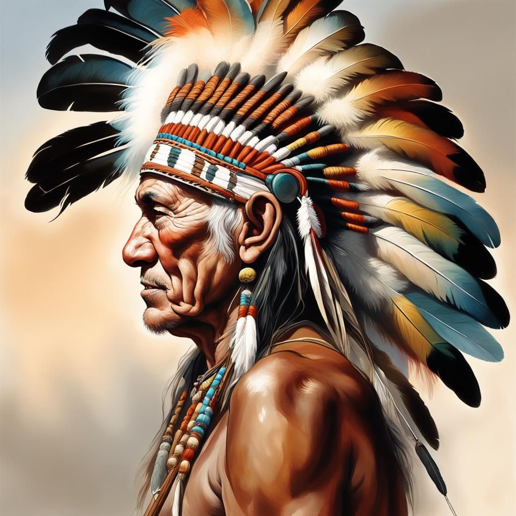 Native American Portrait in Bright Watercolor Style