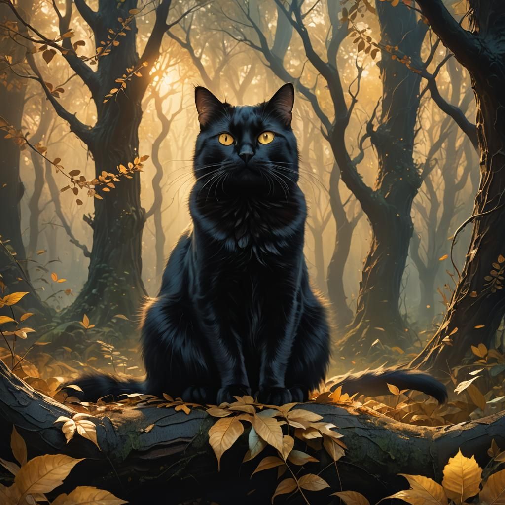 Magical Black Cat in Autumn Forest Digital Painting