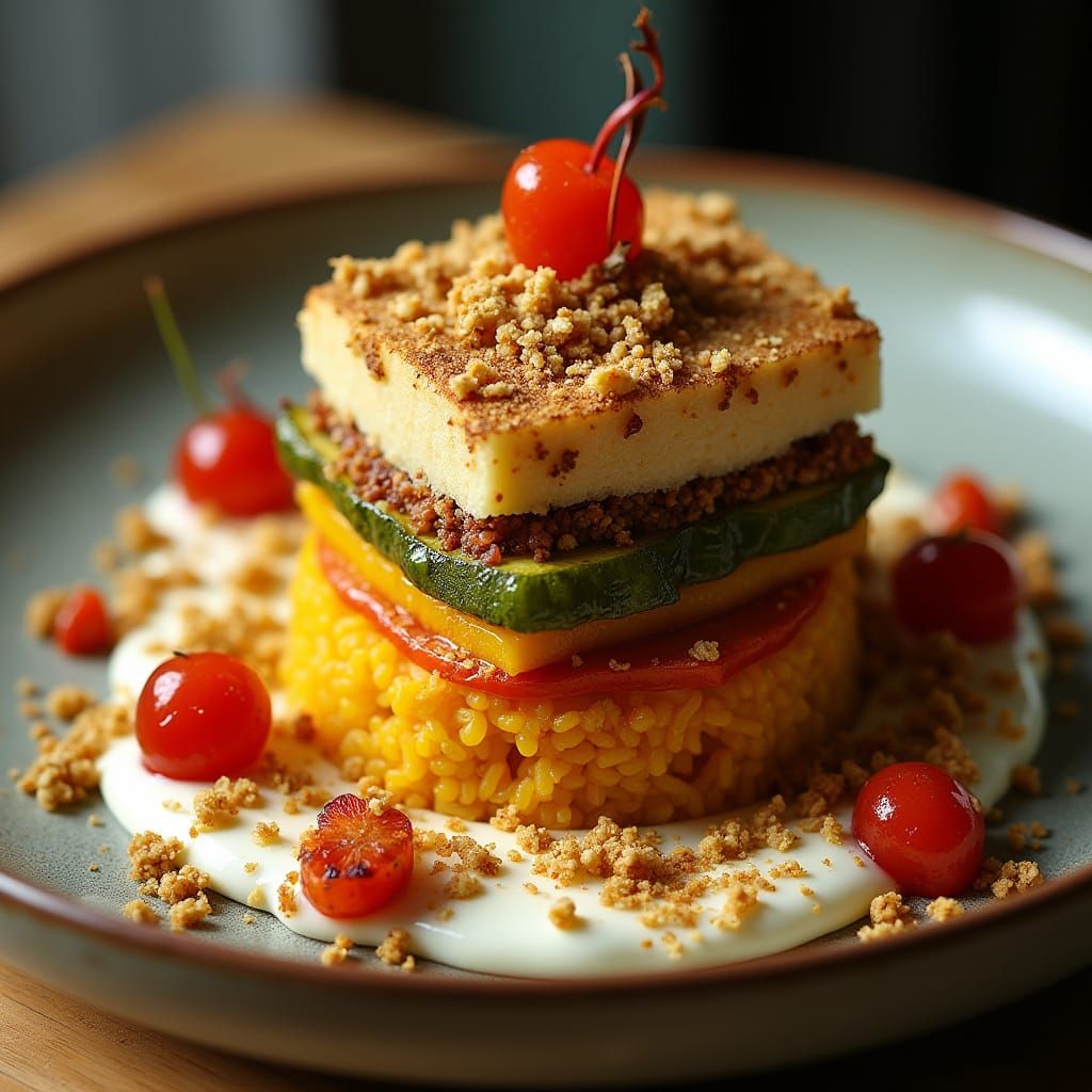 Colorful Stacked Maklouba with Saffron Yogurt Foam