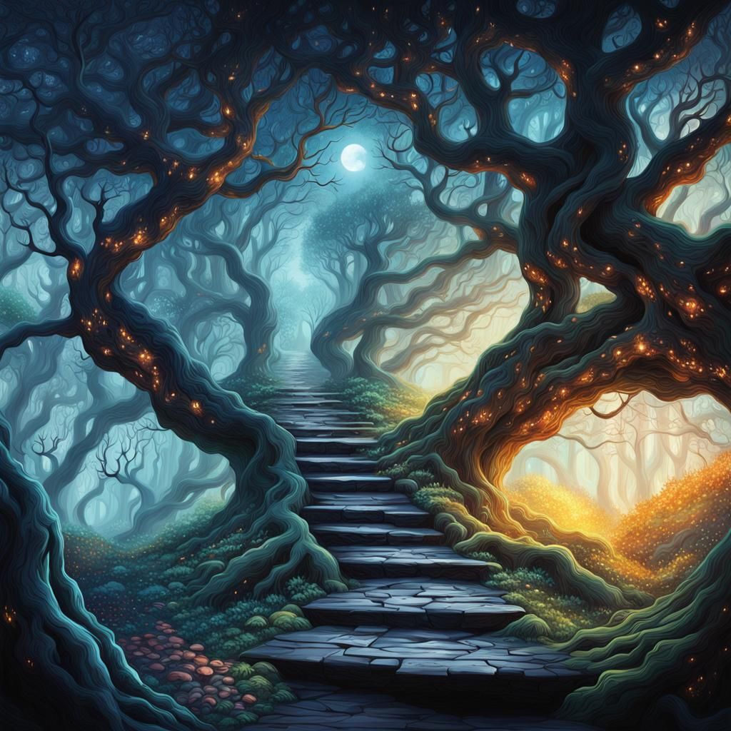 "path through a celestial forest, intricate detail, HDR, beautifully filmed, hyper-realistic, atmospheric, moody, meltin...