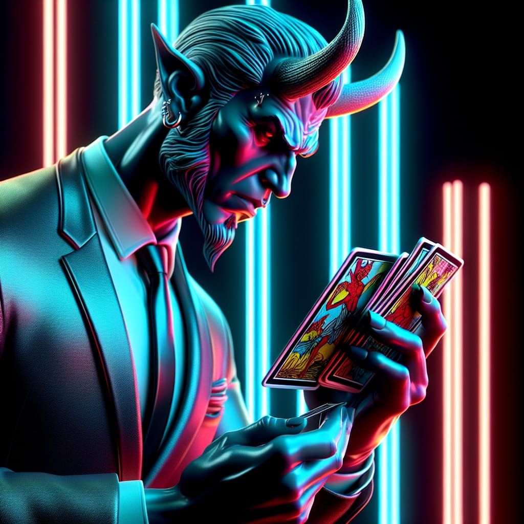 Suave Devil Reading Tarot Cards in 3D Pop Art