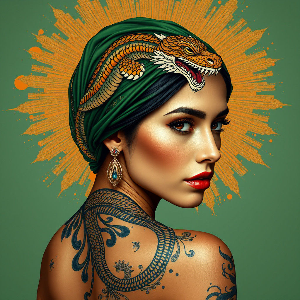 Arabian Woman with Dragon Tattoo in Hyperrealistic Style