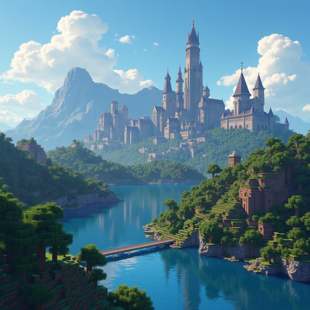 Surreal Blocky Cityscape in Minecraft Style