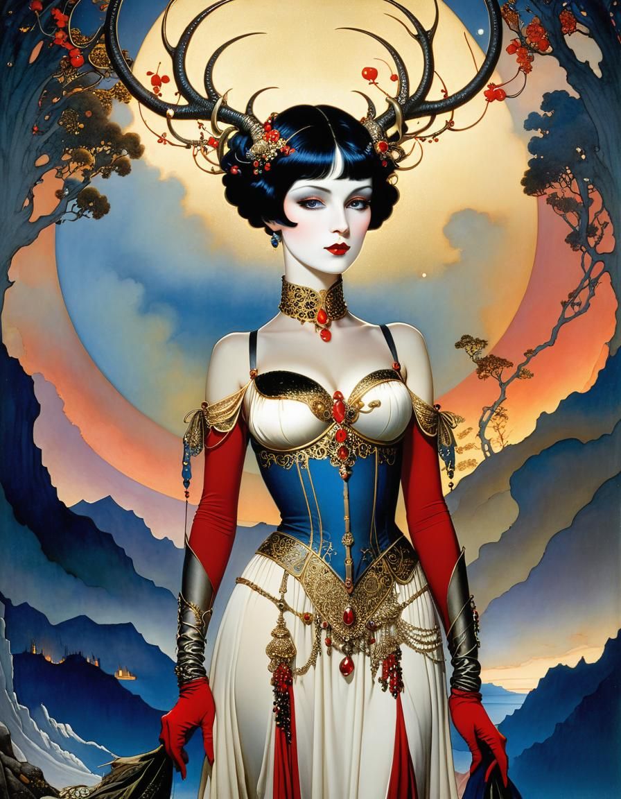 Stag Antlered Woman in Jewel Tones as Comic Art