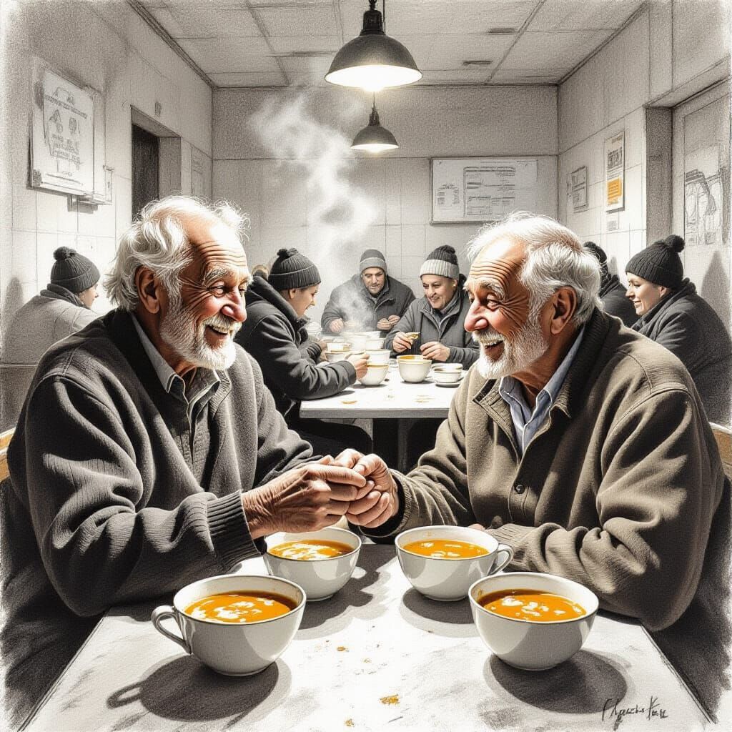 Elderly Men Share Soup in Touching Pencil Sketch