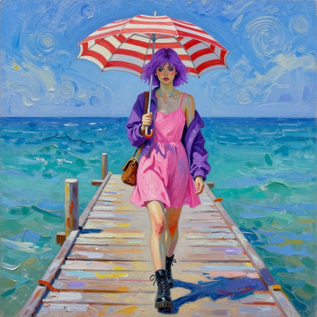 Woman with Striped Umbrella on Pier in Impasto Style