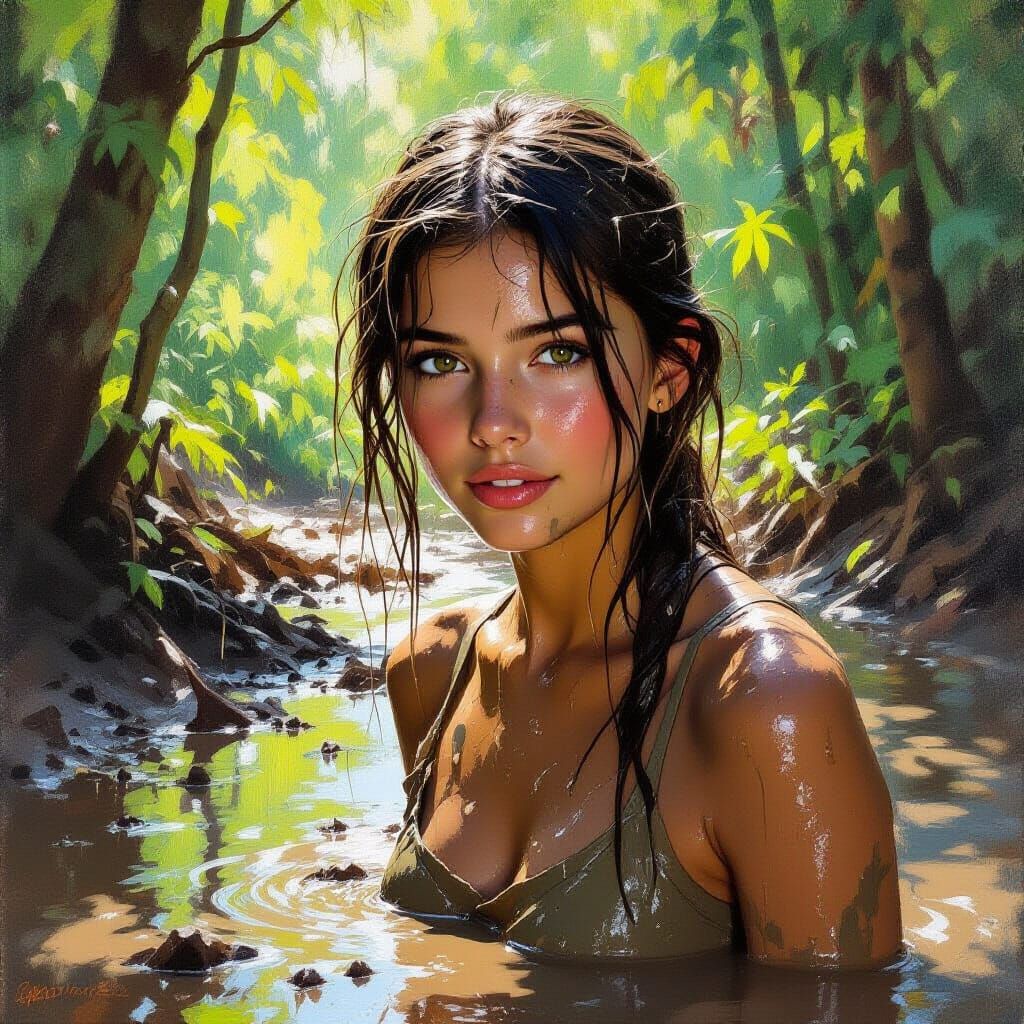 Teenage Girl Covered in Mud in Sun-Dappled Forest