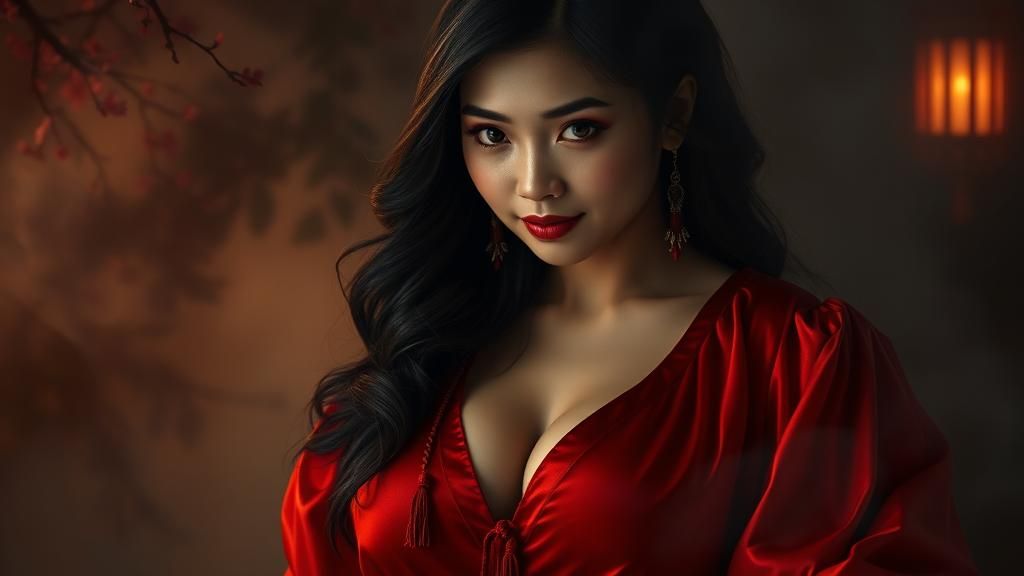 Ethereal Asian Temptress in Crimson Silk, Fantasy Portrait