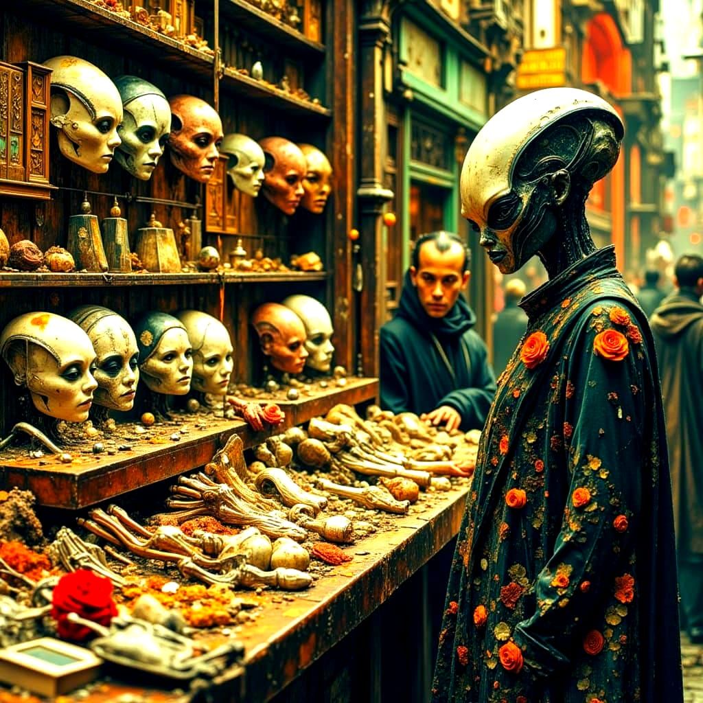 Dystopian Alien Market in Retro Pulp Art Style