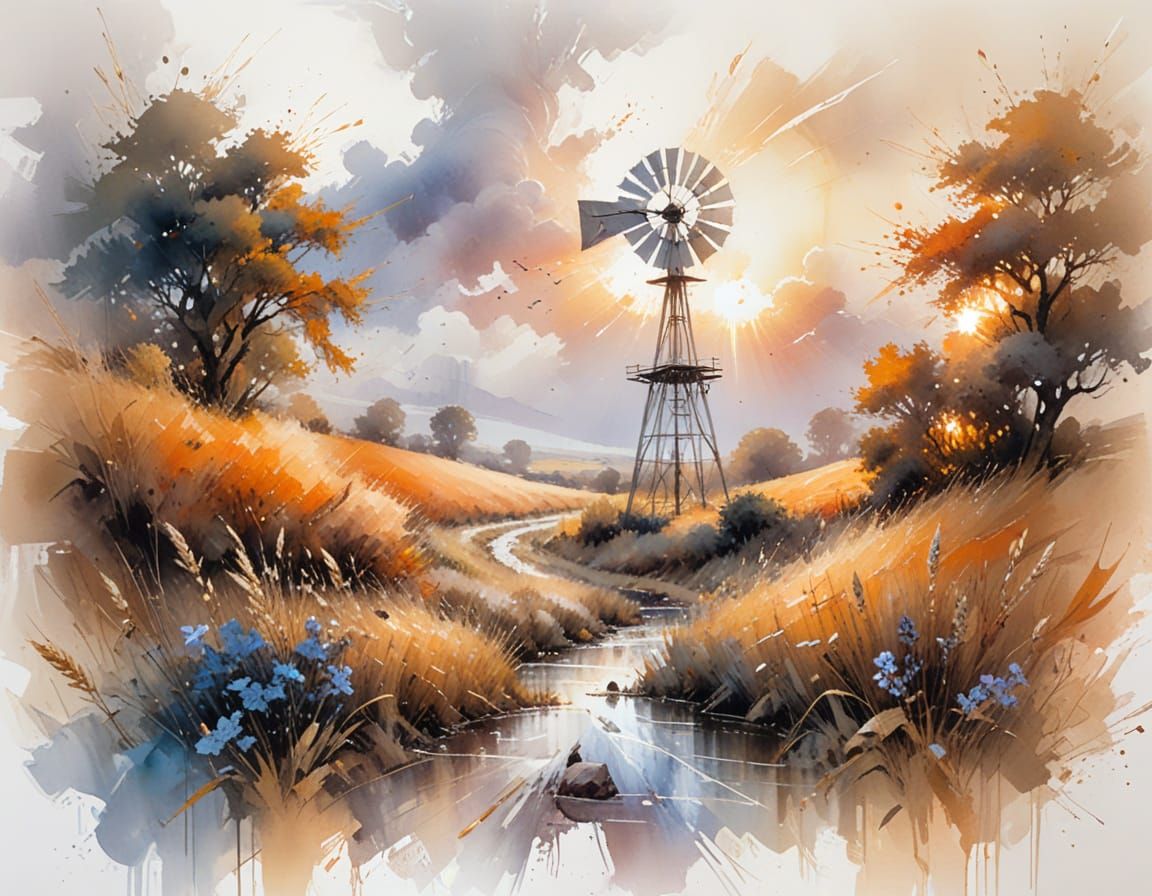 Rustic Windmill in Golden Hour, Impressionist Style
