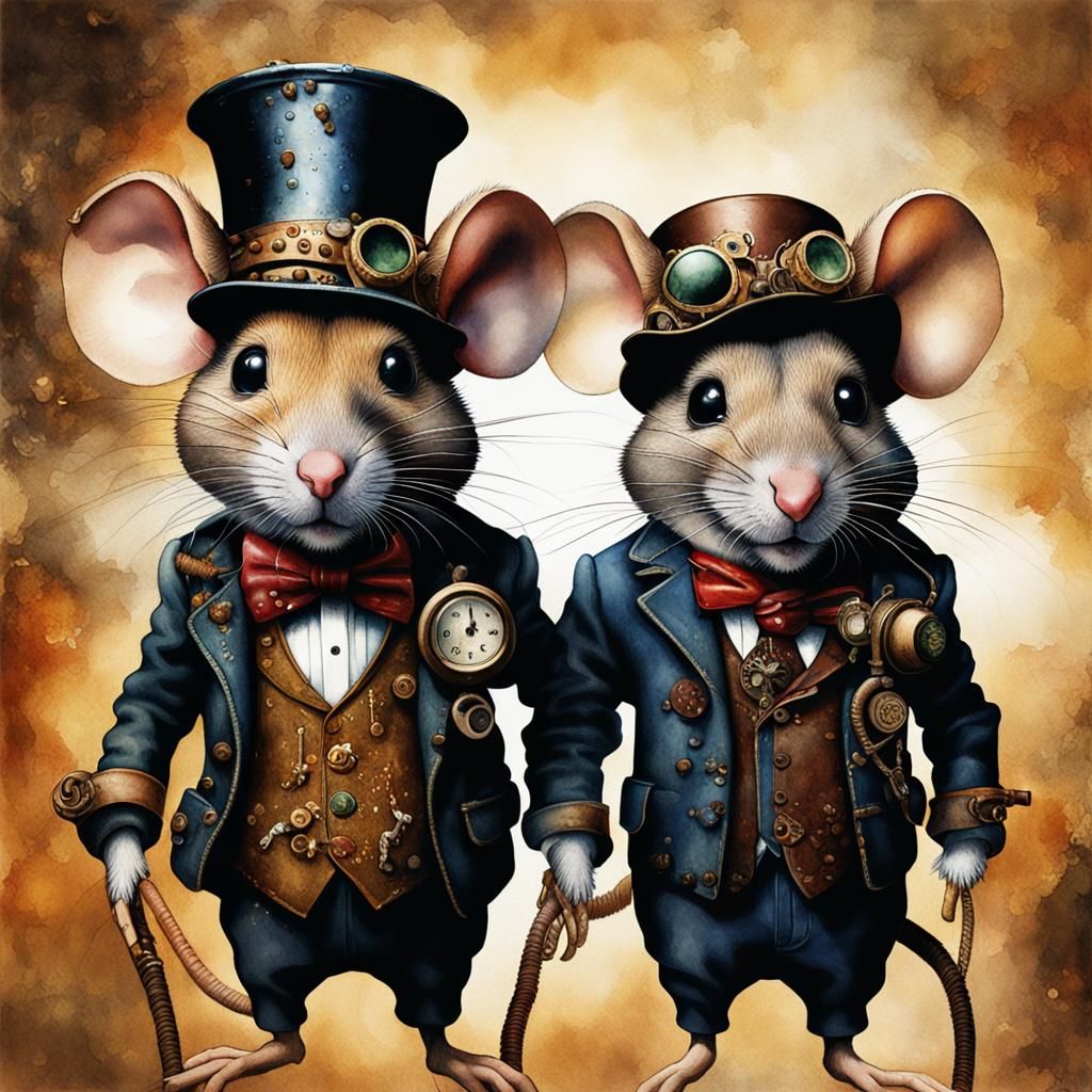 Steampunk Mice Disintegrating: Digital Watercolor Illustrati...