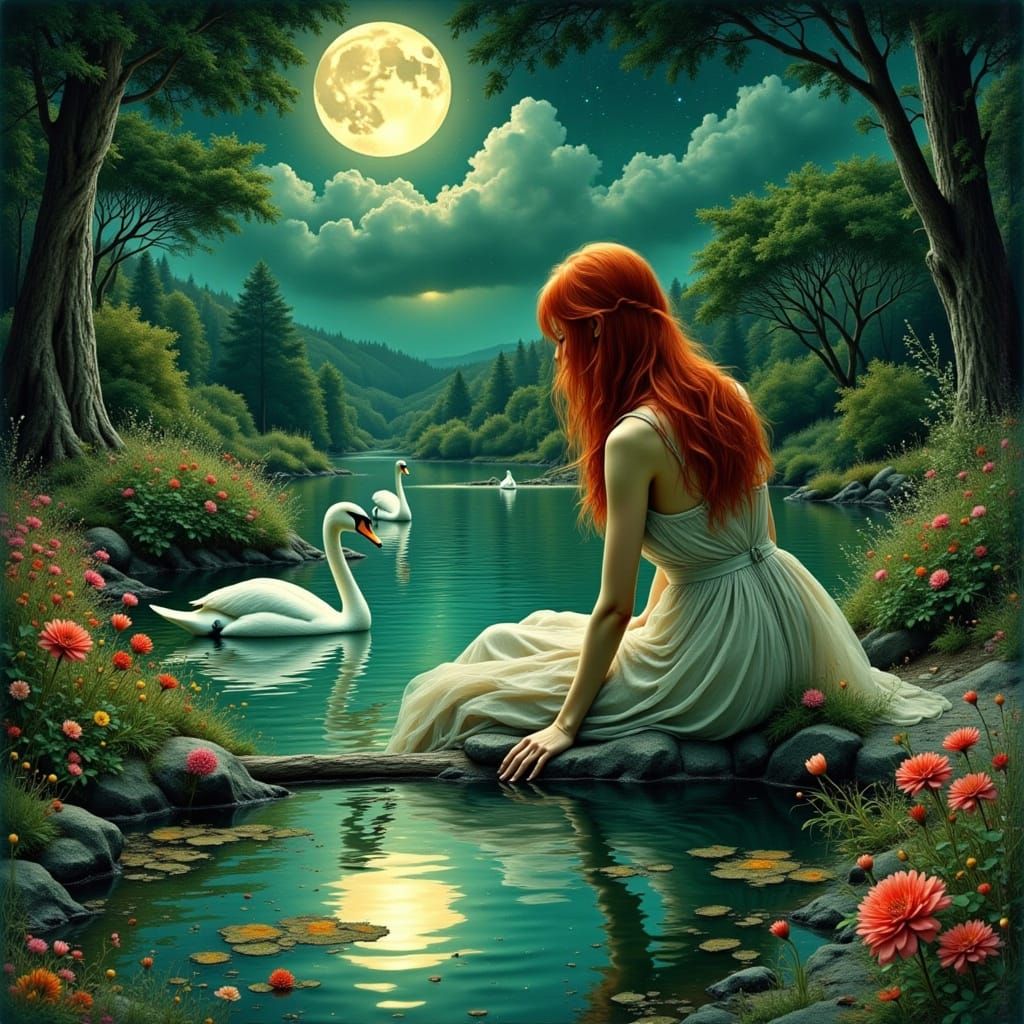 Woman Gazing at Reflection in Surreal, Dreamlike Style