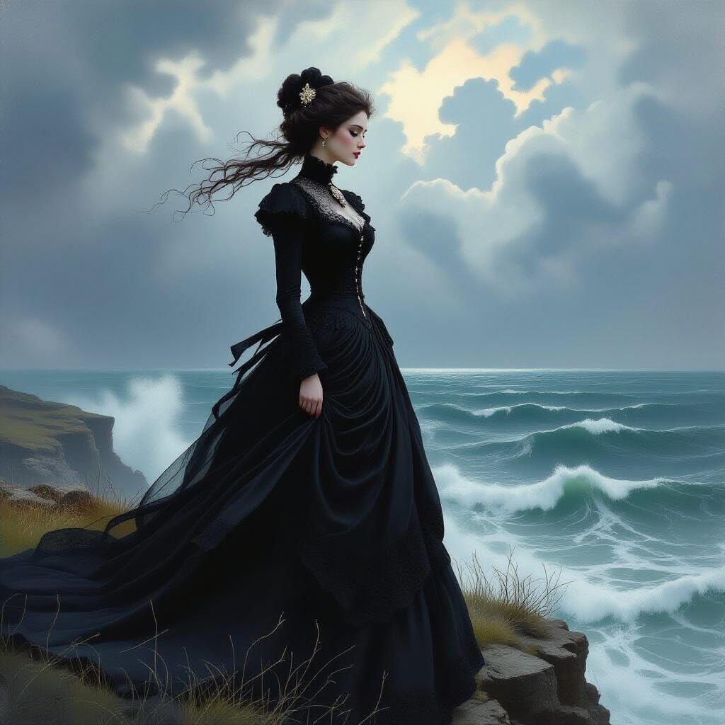 Victorian Lady on Windswept Cliff in Romantic Style