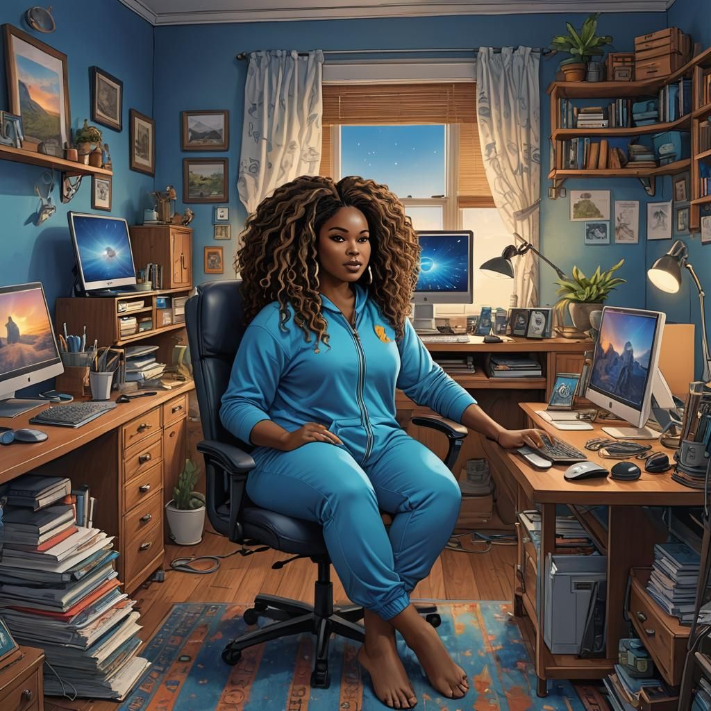 African American Woman's Home Office in Detailed Painting