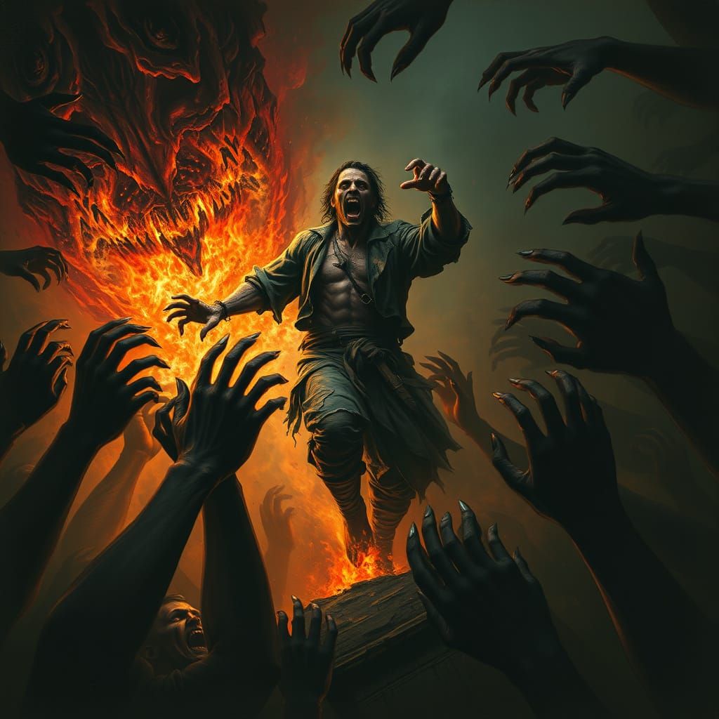 Tormented Man Dragged into Fiery Abyss