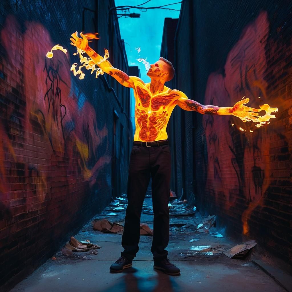 Explosive Figure Ablaze in Surreal Alleyway