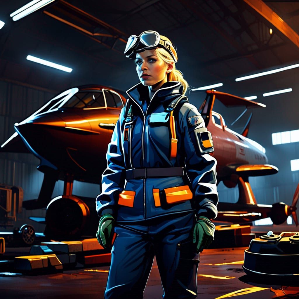Female Engineer in Dark Workshop, Matte Painting