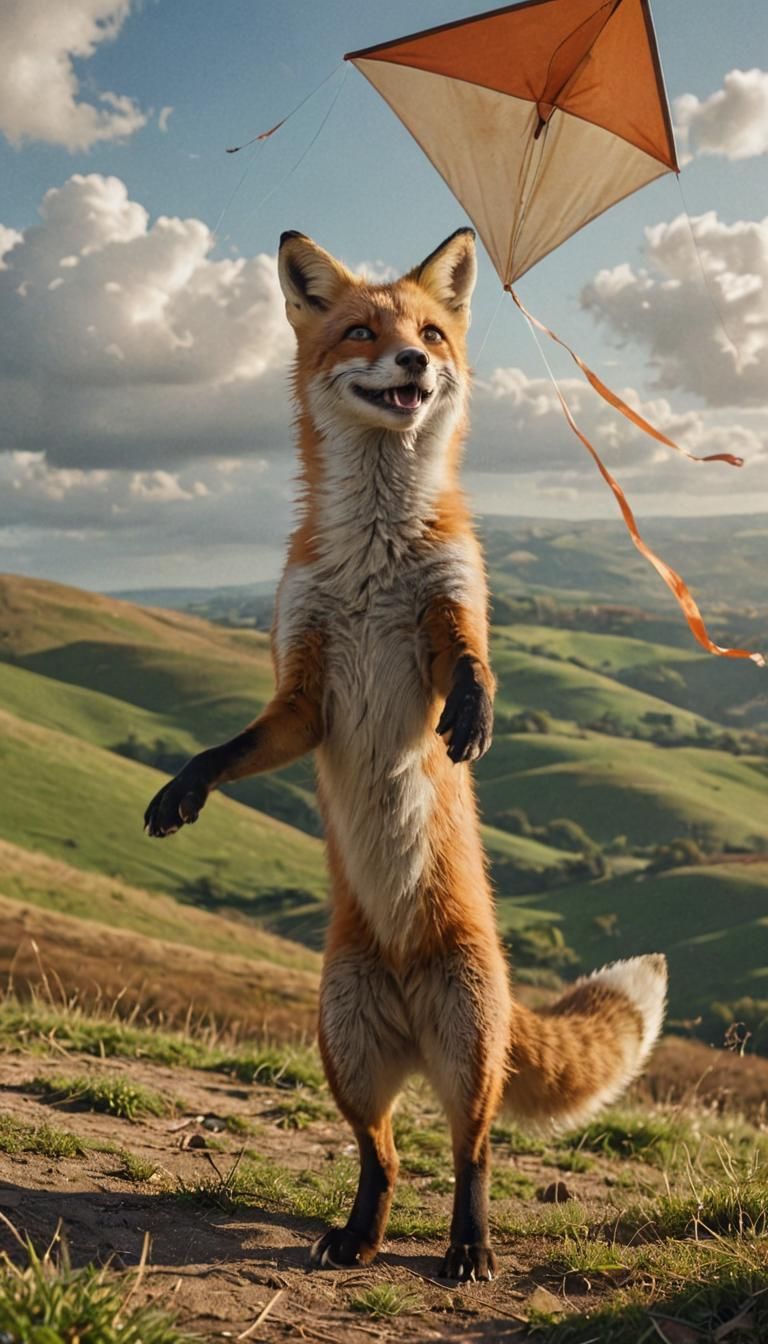 Happy Fox with Kite in Cinematic Sunlight
