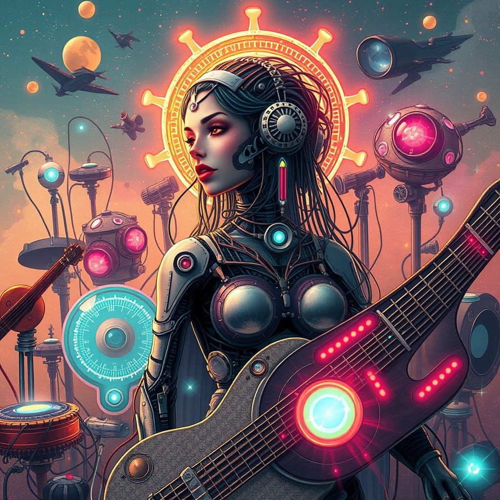 Cyborg Vtuber Musician in Whimsical Futuristic Style