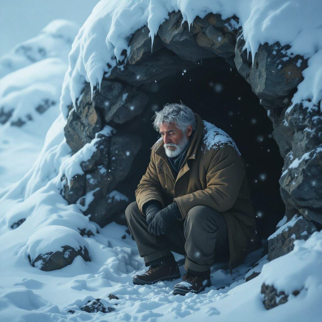 Exhausted Man Shelters in Snowy Mountain Cave