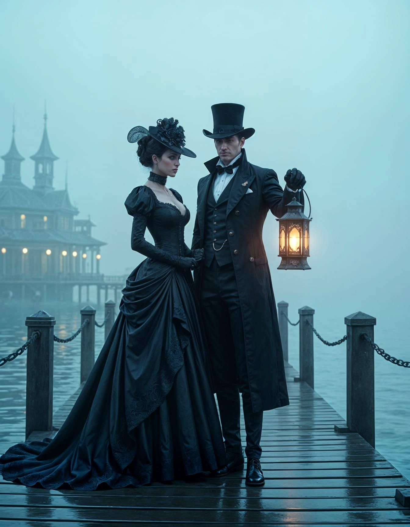 Victorian Couple on Foggy Pier at Dusk