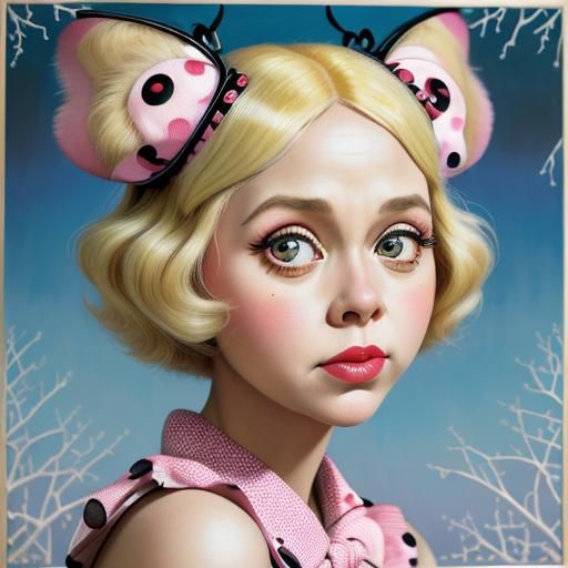 Blonde Pinup Hugs Polkadot Monster, Hyperrealistic Oil Paint...