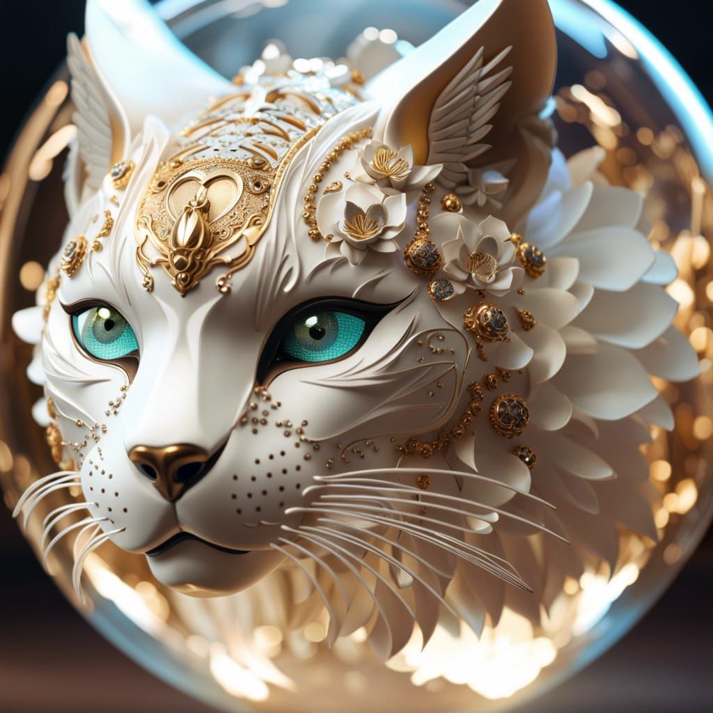 A white caracal cat inside of a glass sphere