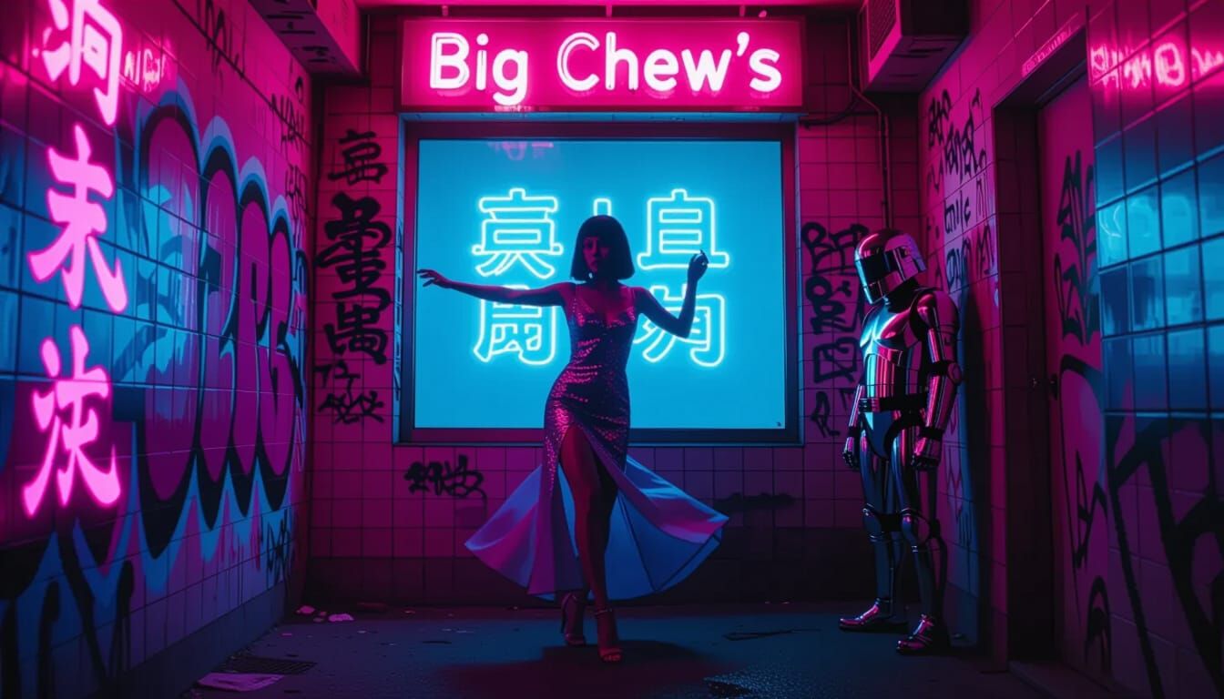 Cyberpunk Alley with Hologram Dancer in Neon Light