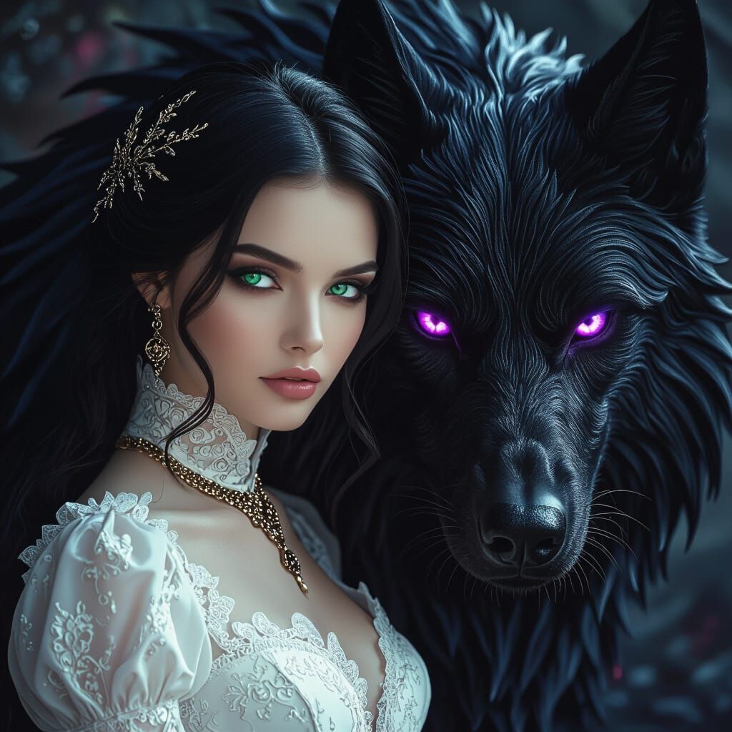 Mystical Woman with Hellhound in Surreal Style