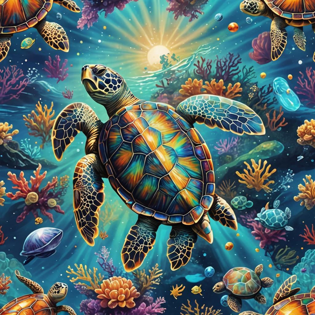 Turtle Swimming: Holographic Astral Cosmic Illustration