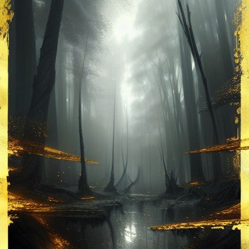 Monochrome Gold Forest in Dark Fantasy Style