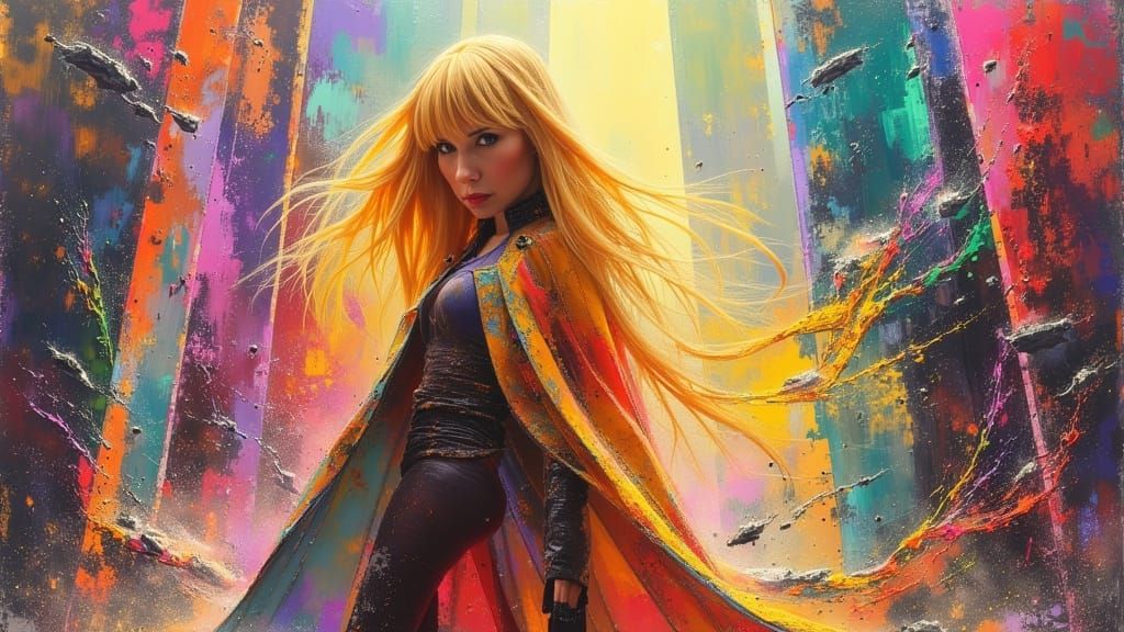 Bold Woman in Cityscape: Dark Oil Painting Style