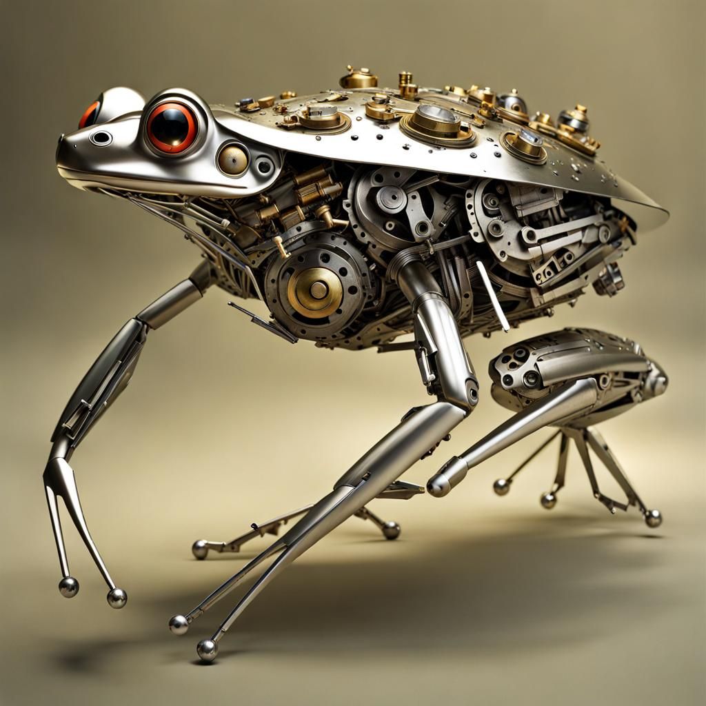 Mechanical Frog in Flight: Detailed Steampunk Drawing