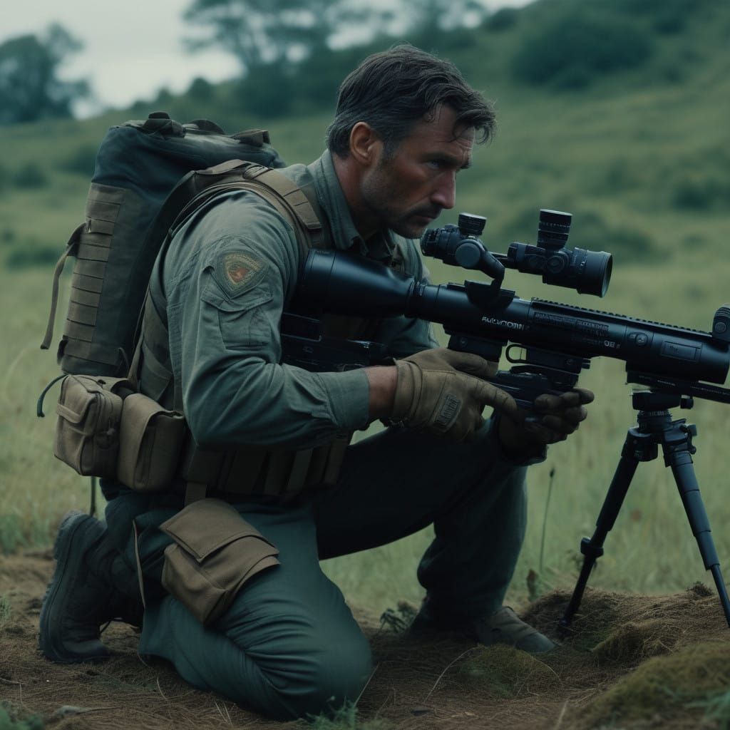 Soldier in Tactical Armor, Sniper Rifled Aimed at Hidden Ene...