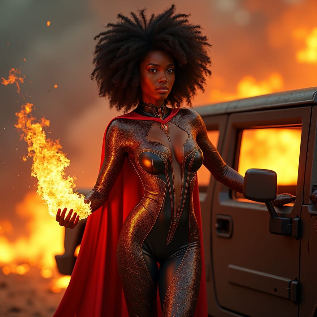 Fiery Black Superheroine with Hummer, in Art Nouveau Style
