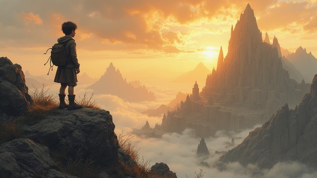 Young Boy Gazes at Mystical Realm from Mountain Top