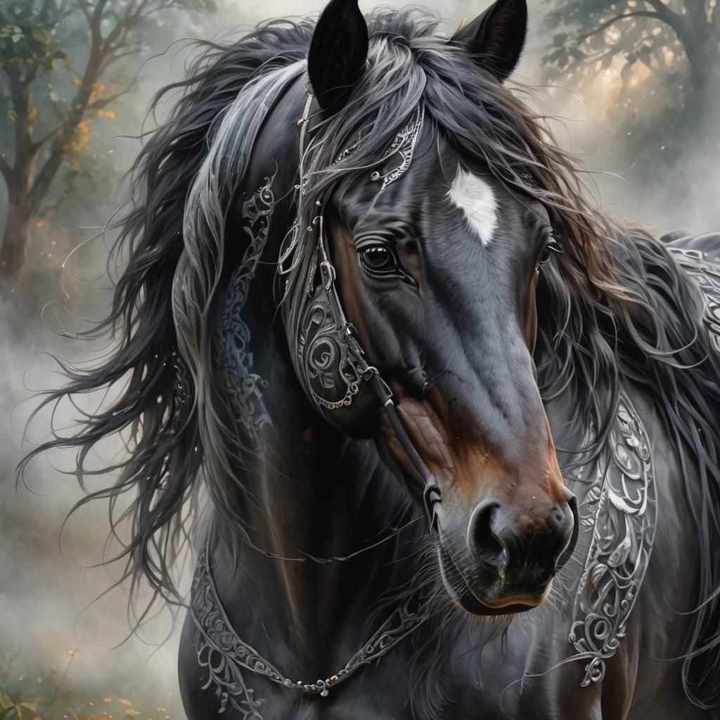Macro Horse Head with Silver Eyes in Fantasy Style