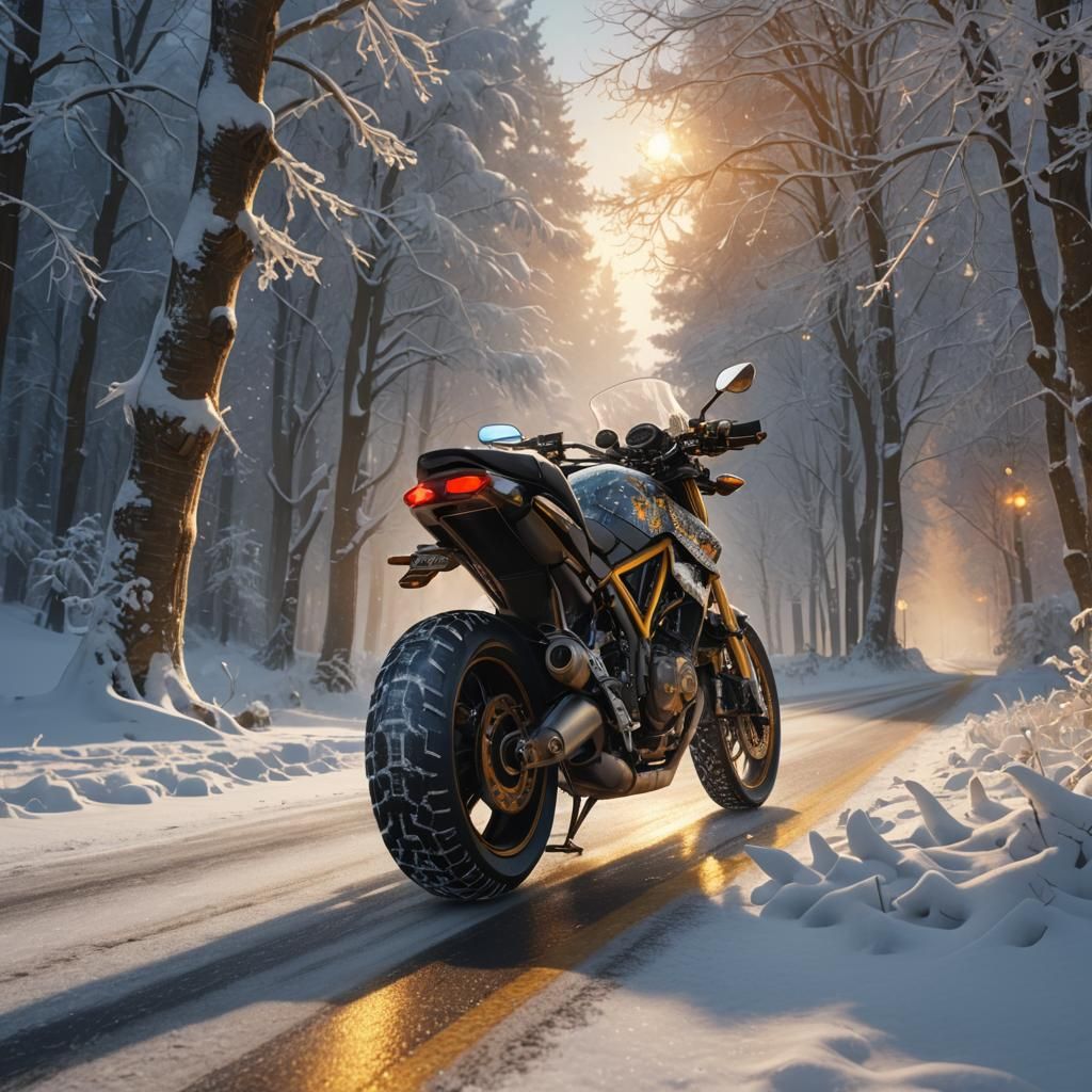 Racing Bike on Snowy Road: Digital Matte Painting