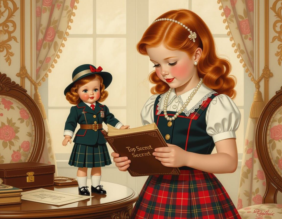 Redhead Girl with Spy Doll in Ornate Room