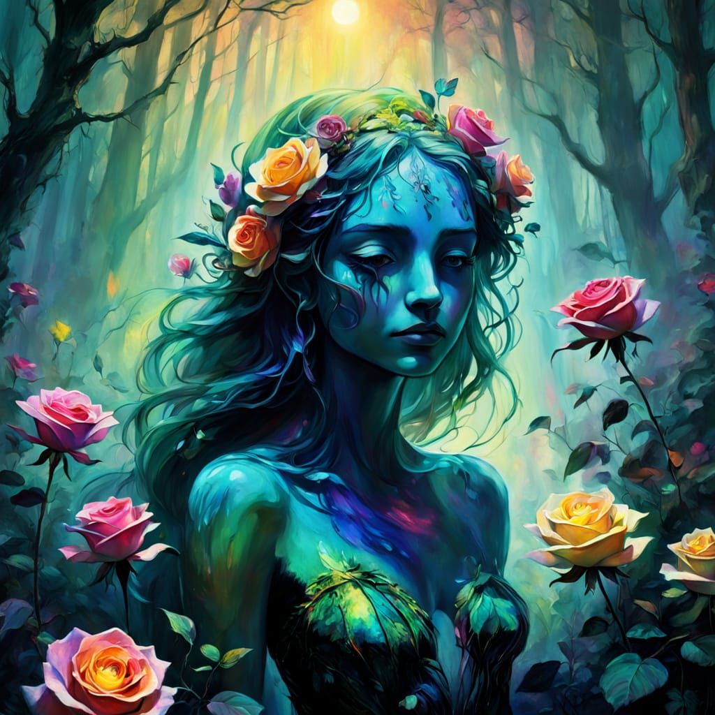 Ethereal Goddess of Roses in Vibrant Floral Splendor