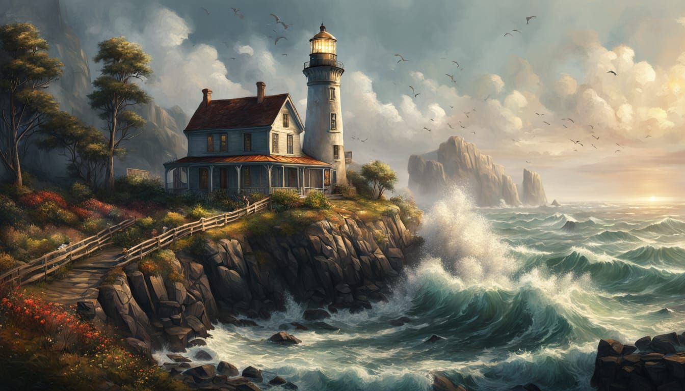 Vintage Lighthouse Amidst Rough Seas Digital Matte Painting