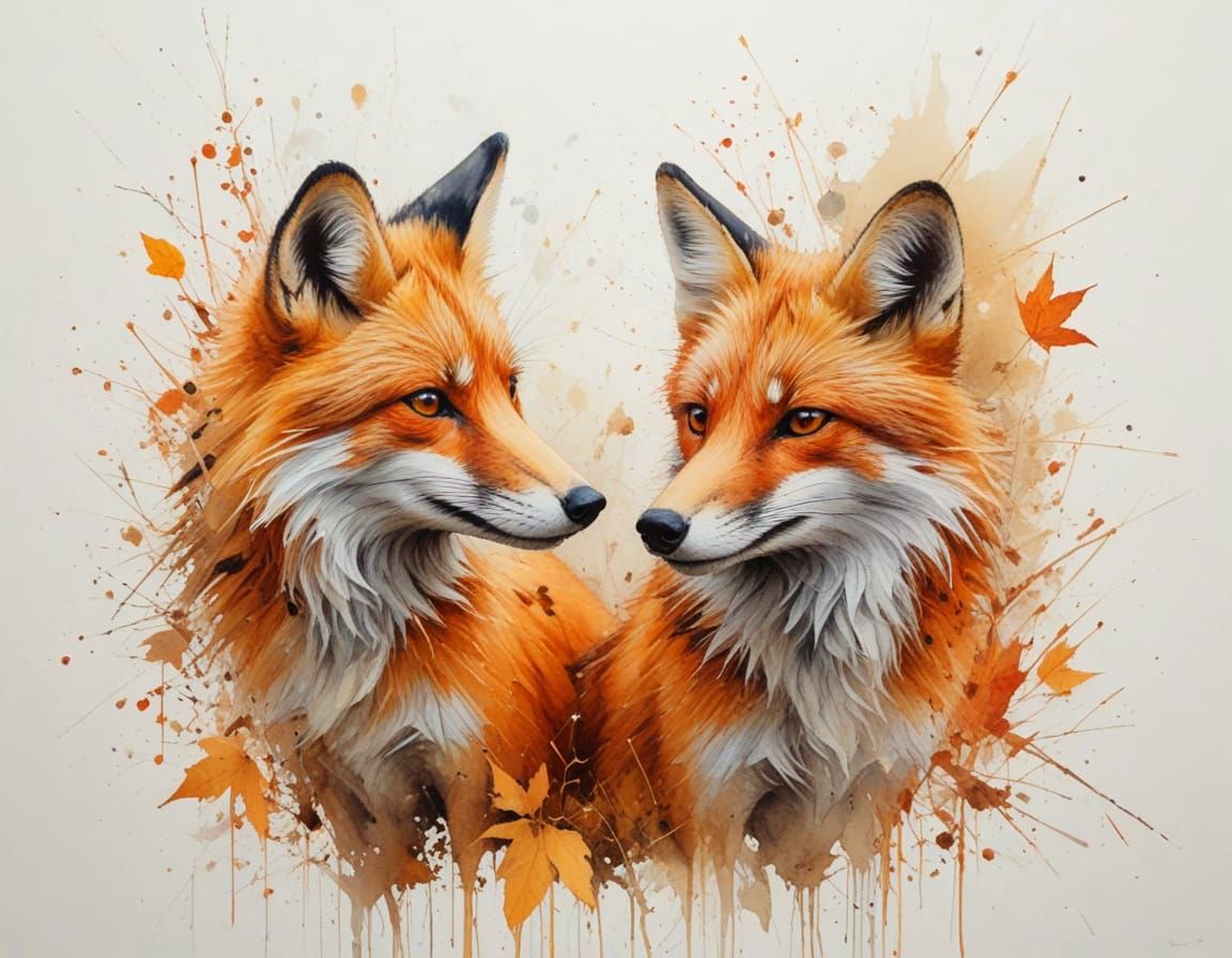 Two Foxes in Autumn Forest, Painterly Realism
