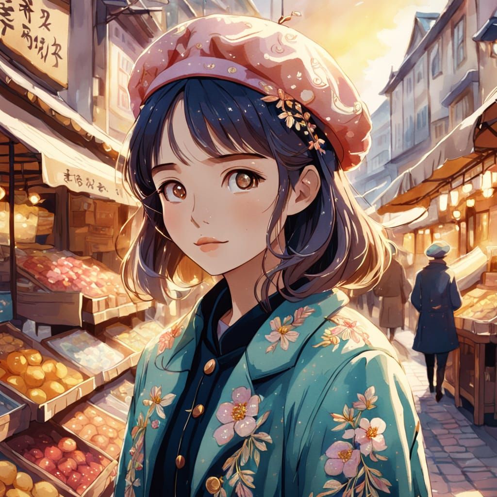 Anime Girl in Spring Market with Watercolor Style