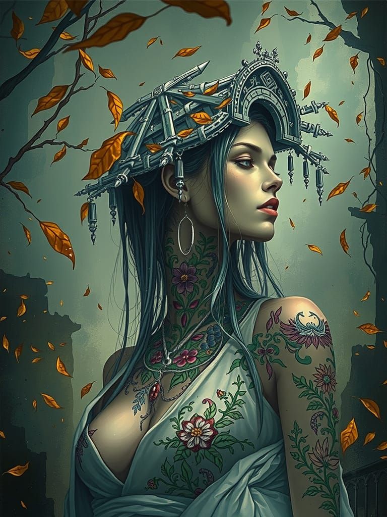 Ethereal Figure in Autumn Temple, Digital Illustration