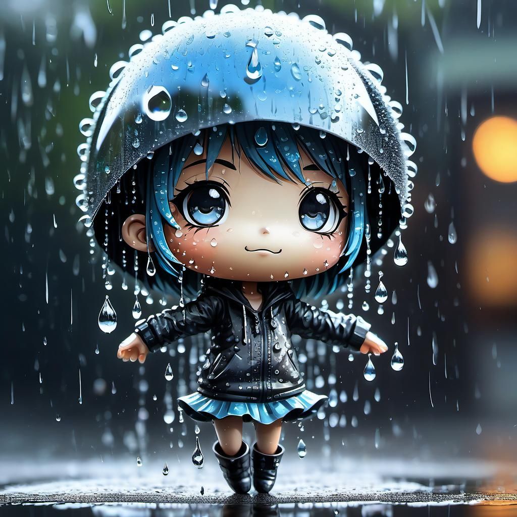 Chibi anime girl dances in the rain