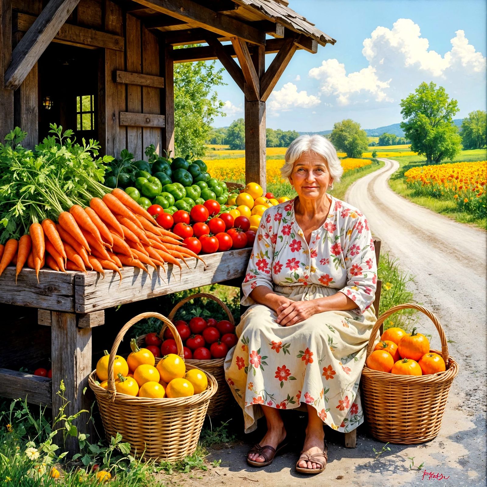 Vintage Farmstand Overflowing with Produce, Oil Painting Sty...