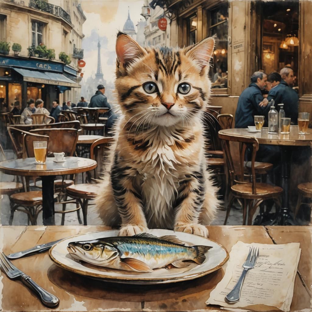 Kitten's Parisian Cafe Feast: Vintage Illustration